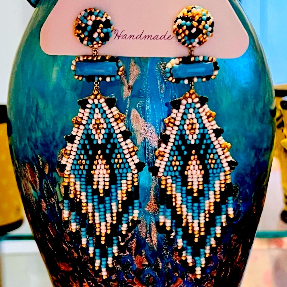 NWT Deepa Gurnani Turquoise Beaded Fringe Chandeliers - Picture 12 of 13
